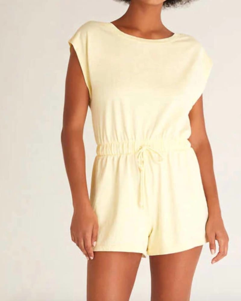 Front of a model wearing a size L Kelby Romper in Tropical Sun in Tropical Sun by Z Supply. | dia_product_style_image_id:343738
